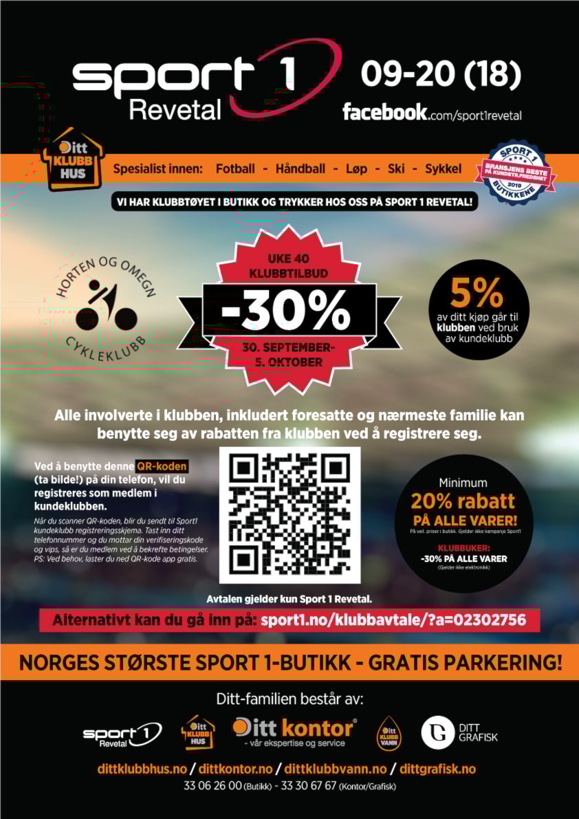 Uke 40 Klubbtilbud på Sport 1 Revetal - 30% Rabatt